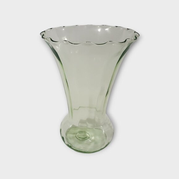 Vintage Art Deco Uranium Vaseline Green Depression Glass Vase Scalloped Rim 10" - Picture 3 of 8